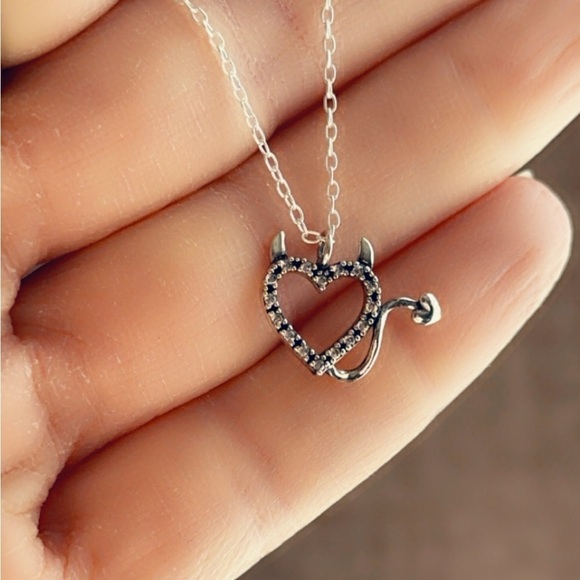 Sterling Silver Black CZ Devil Heart Necklace - Edgy Romance - Picture 11 of 11